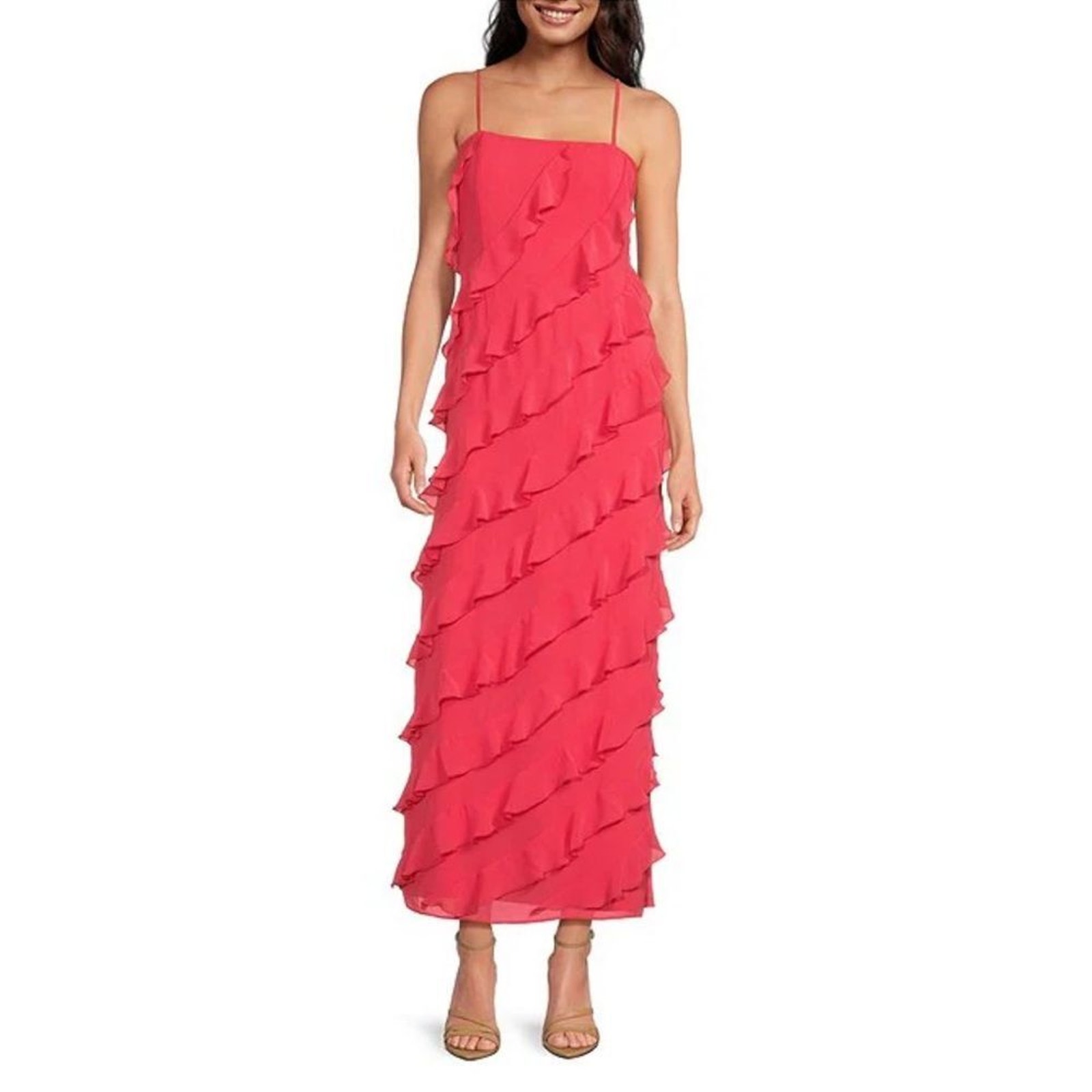 Gianni Bini Taylor Chiffon Straight Neckline Sleeveless Ruffle Long Dress Size 2